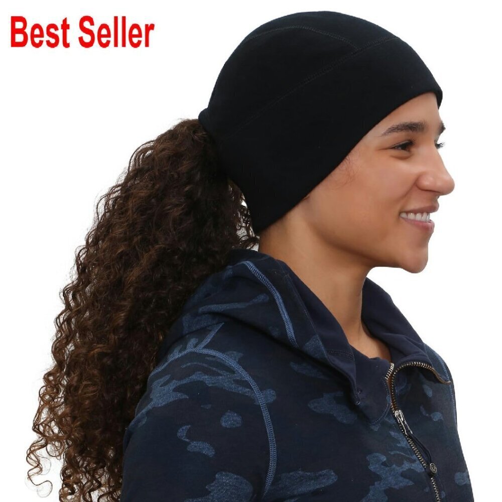 Merino Wool Ponytail Beanie Winter Hat Runners Hiking Activewear Chic